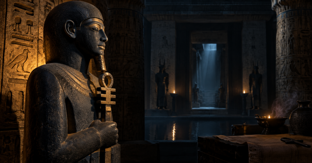 Ptah, associé aux ténèbres et au monde souterrain, reste dans l'ombre